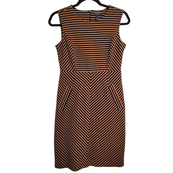 Lands’ End Women’s Stripe Sheath Dress Size 4 Black Camel Tan Office Stretch - Picture 1 of 7